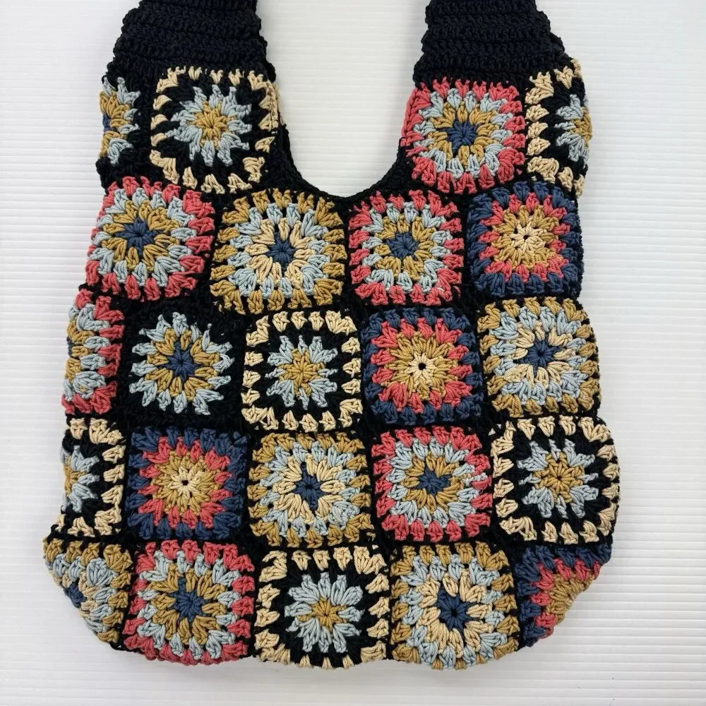 Free People Granny Square Crochet Tote Bag Black Multi Boho Leather Handle NWOT